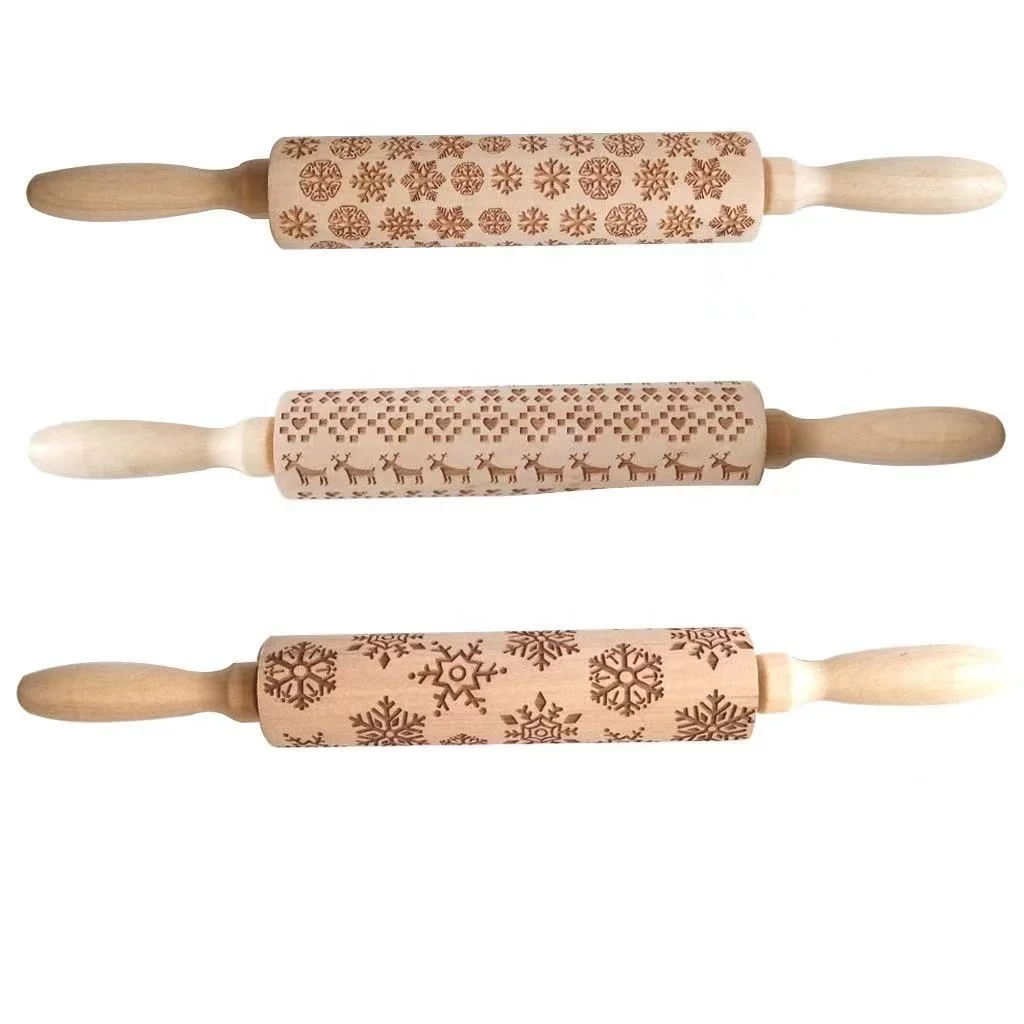 

Wooden Christmas Printing Rolling Pin Engraving Embossing Cookie Dough Roll