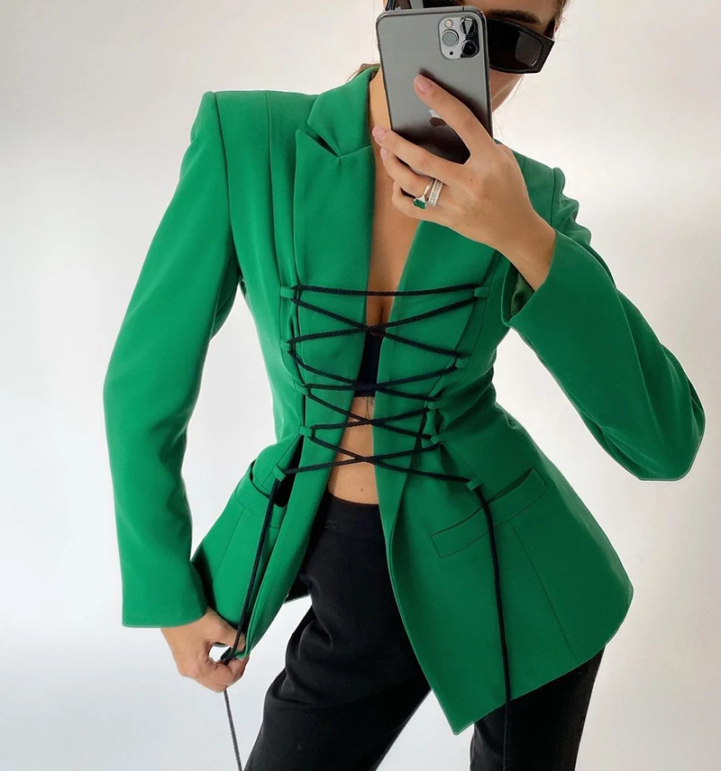 

V Neck Lace Up Long Sleeve Tailored Suit Leisure Notched Tops 2020 Fall Autumn Winter Women Sexy Elegant Clothing, Green,apricot,black