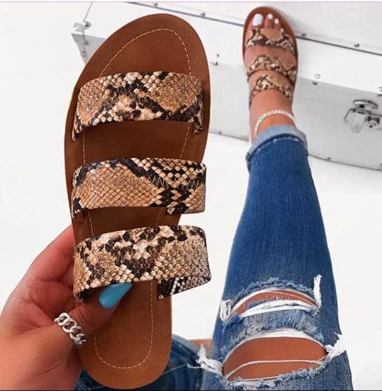 

Wish Amazon Hot Selling Wholesale Ladies Girls Fashion Fancy Flat Snake Pattern Slides Slippers Sandals, 2 color options