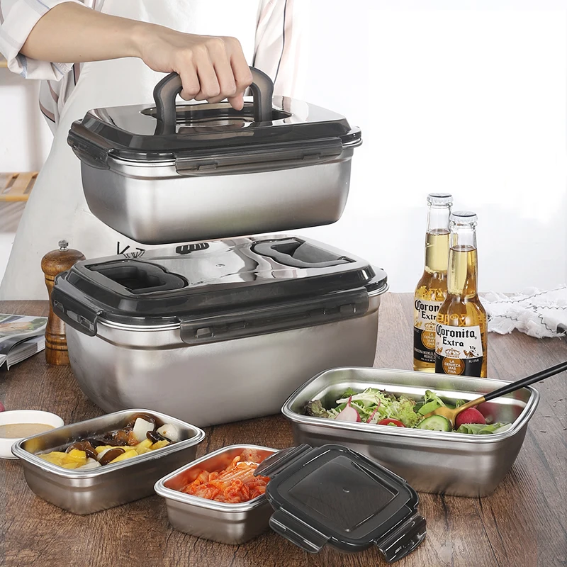 

Hot Sell Food Grade Metal Large capacity airtight crisper foldable stainless steel 304 food storage containers box
