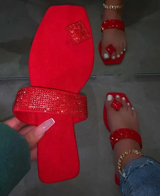 

2020 Fashion women sandals Open Toe Flip Flop Ladies Flat Square Toe Shiny Rhinestone Shoes Slippers for Women, Red / blue / black
