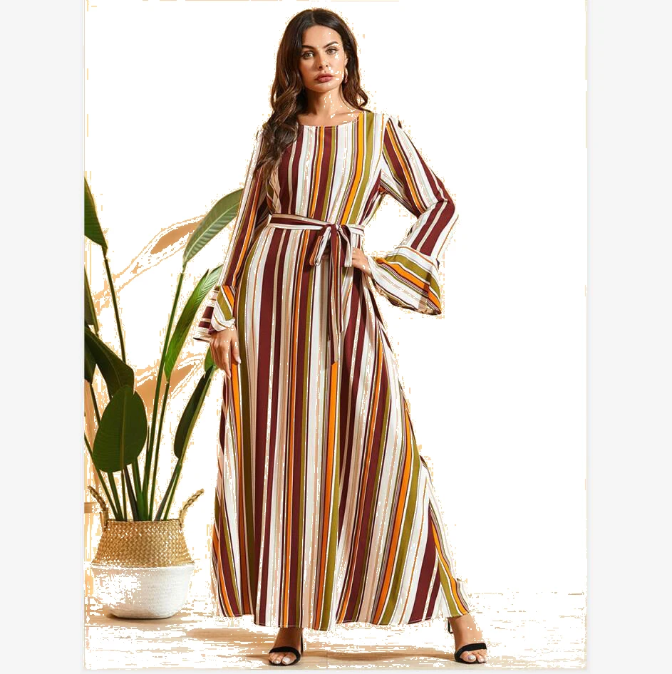 

fashion stripe long with belt muslim dress