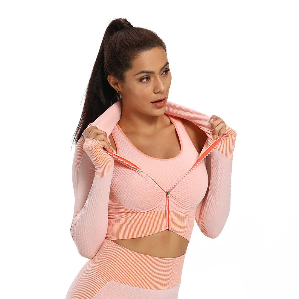 

women yoga wear sports long sleeve tops High quality bar sexy seamless Fitness Yoga coat for women customize logo YWKL-9096, Shown