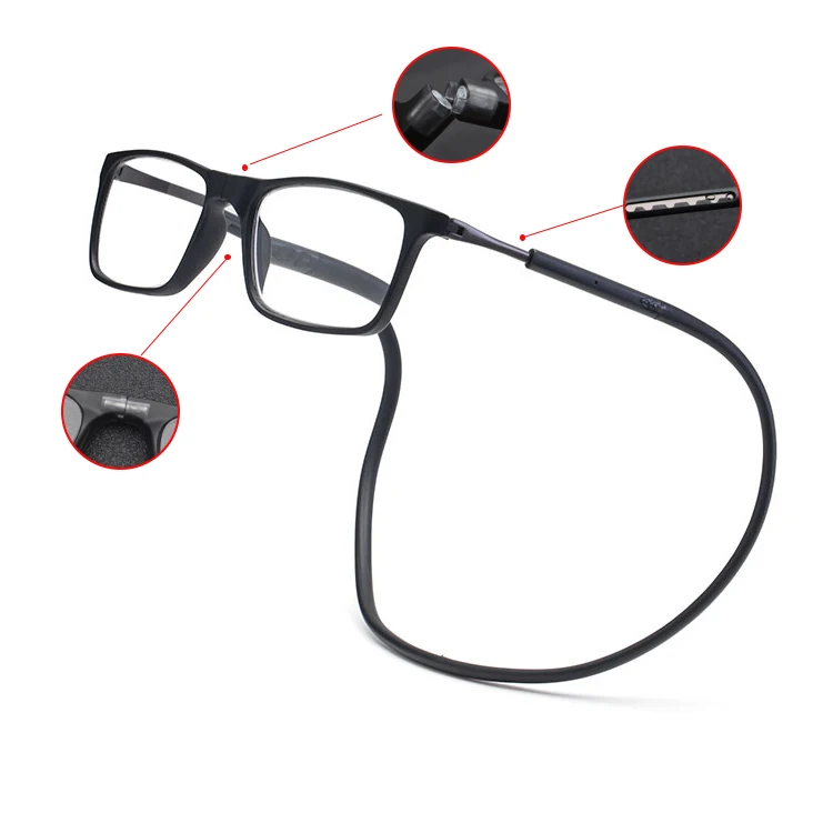 

tr90 Square frame Folding anti blue light hanging neck magnet reading glasses, 4 colors