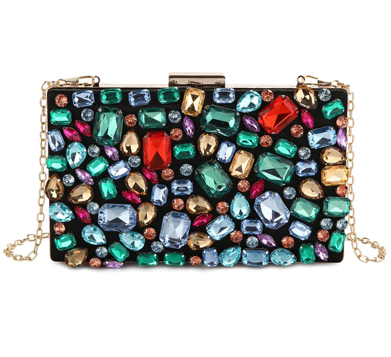 

Diamond Evening Bags Beaded Gem Stone Black Women's Purse Wedding Wallet for Women Shoulder Bags with Two Chain, Colorful