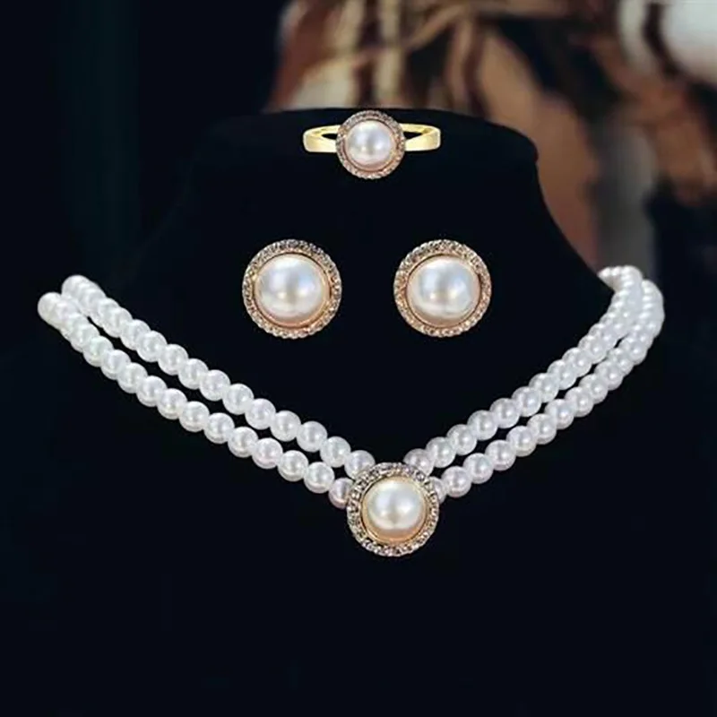 

Vintage Elegant Pearl Necklace Earnail Set with boxes Bridal Wedding Accessories ear rings jewelry for girls