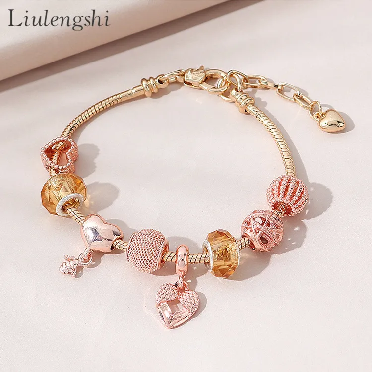 

European DIY Jewelry Vintage Silver Heart Beads Bracelet Crystal Heart Charm Bracelet