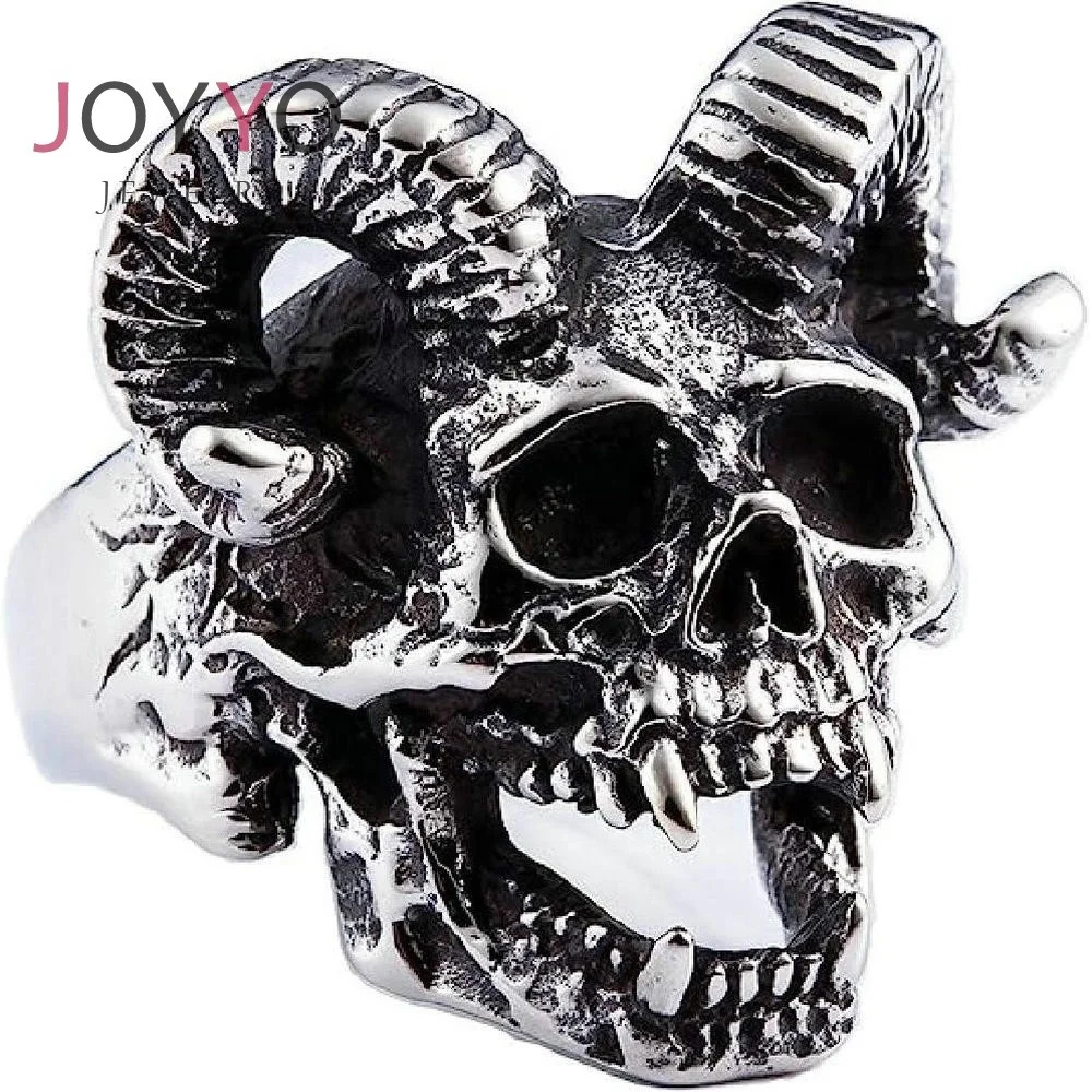 

Custom Retro Vampire Demon Phantom Ram King Gothic Jewelry Vintage Silver Eternity Stainless Steel Skull Ring with Horns for Man