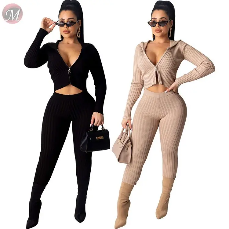 9110830 best seller solid color rib knit fabric zip hooded Outfits 2019 Two Piece Pant Set Women