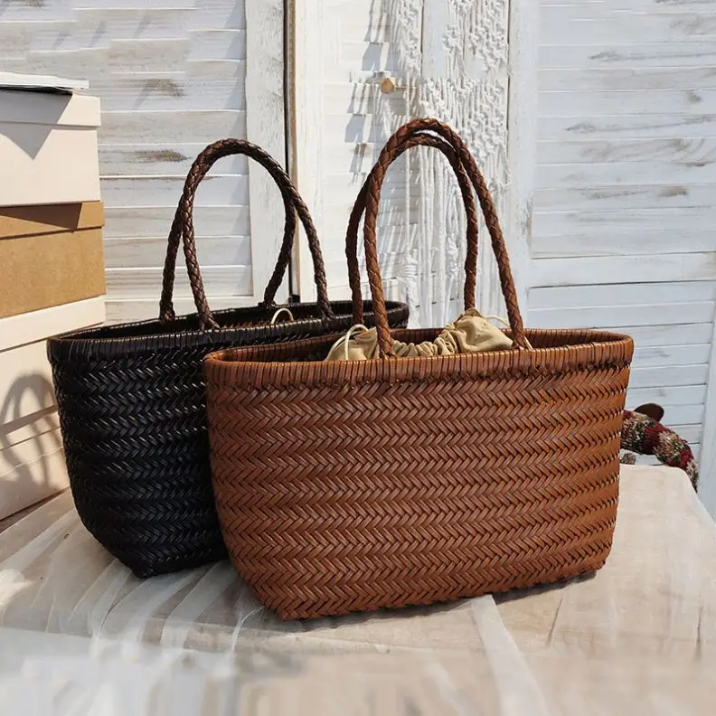 

EMG6242 Large top handle shoulder drawstring pouch bali ratan cowhide woven lady bags genuine leather handbags for women