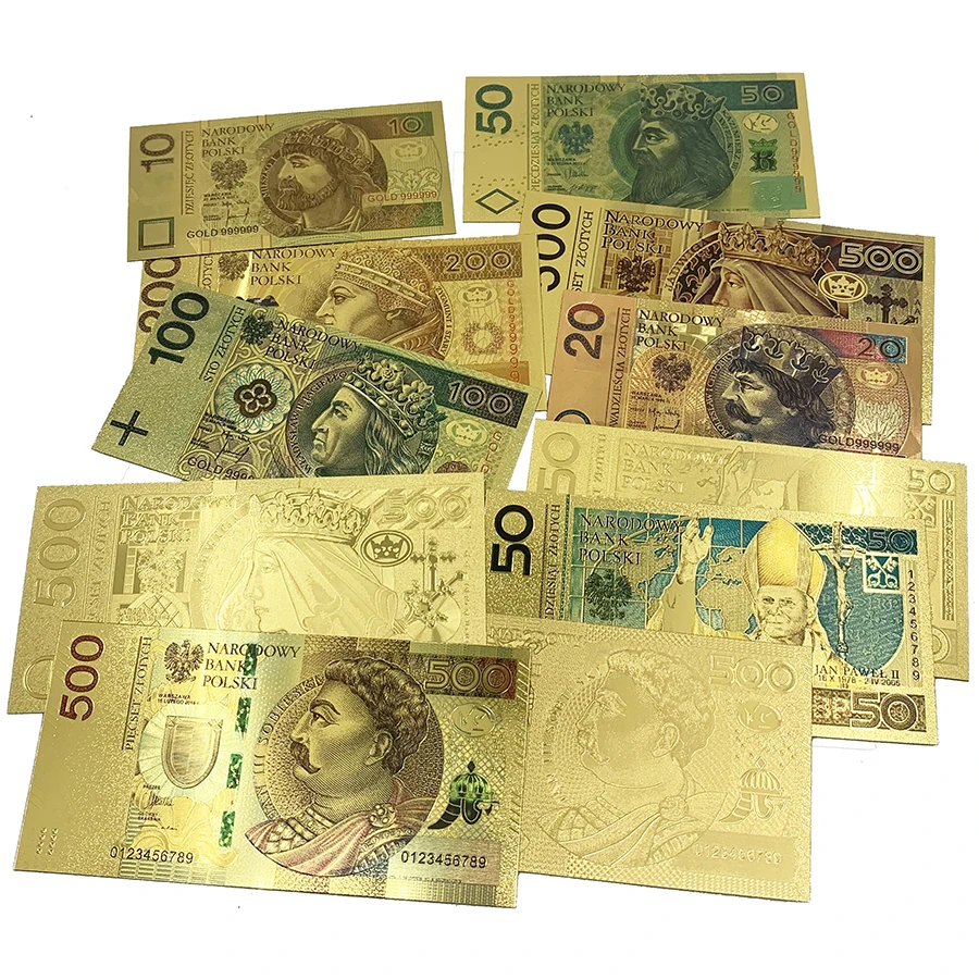

Colored Poland money PLN gold banknote POPE JOHN PAUL cards For collection 999 gold 10 50 100 200 500 dollar bills fo gifts
