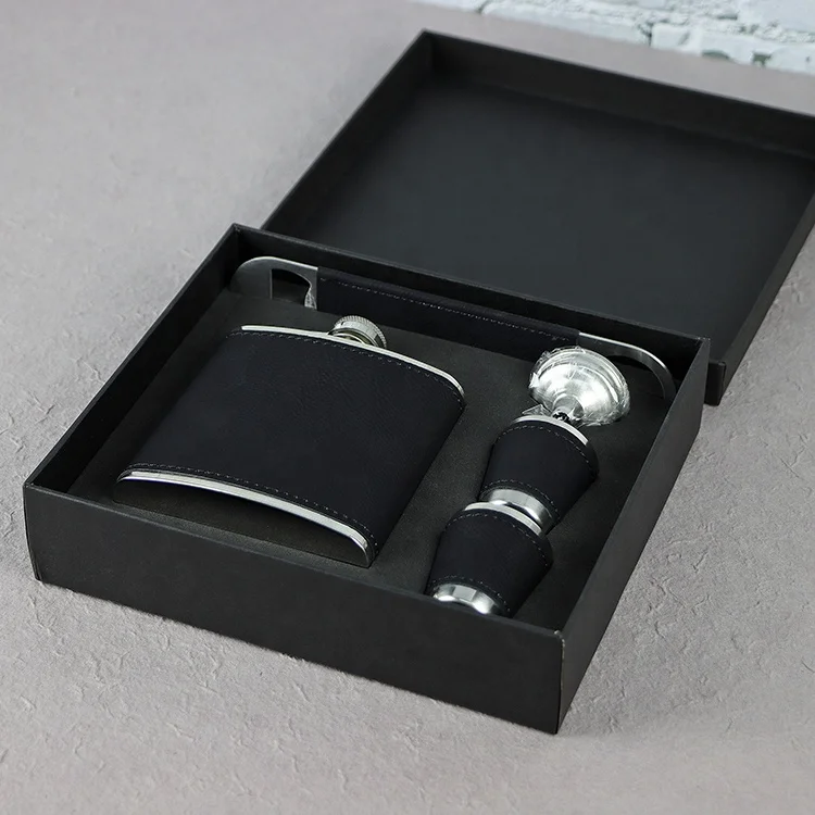 

OEM Laser Engraved Leatherette Short Cup Bottle Opener Hip Flask Luxury Groomsmen Christmas Gift Coffret Cadeau Gift Set For Men