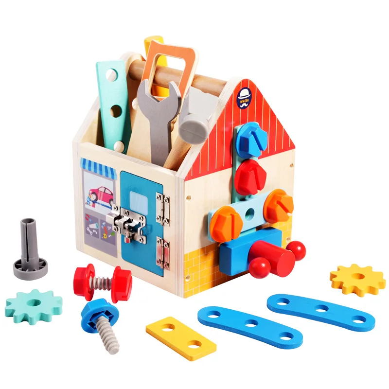 Children's Wooden DIY Unlock Tool Busy Box Educational Screwdriver Wrench Fix It Toys for Boys Girls