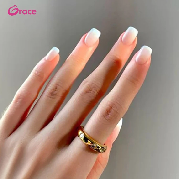 

P144 artifical false nail press on acrylic korea fashion short square shape pre designed pink and white Color gradient, Picture