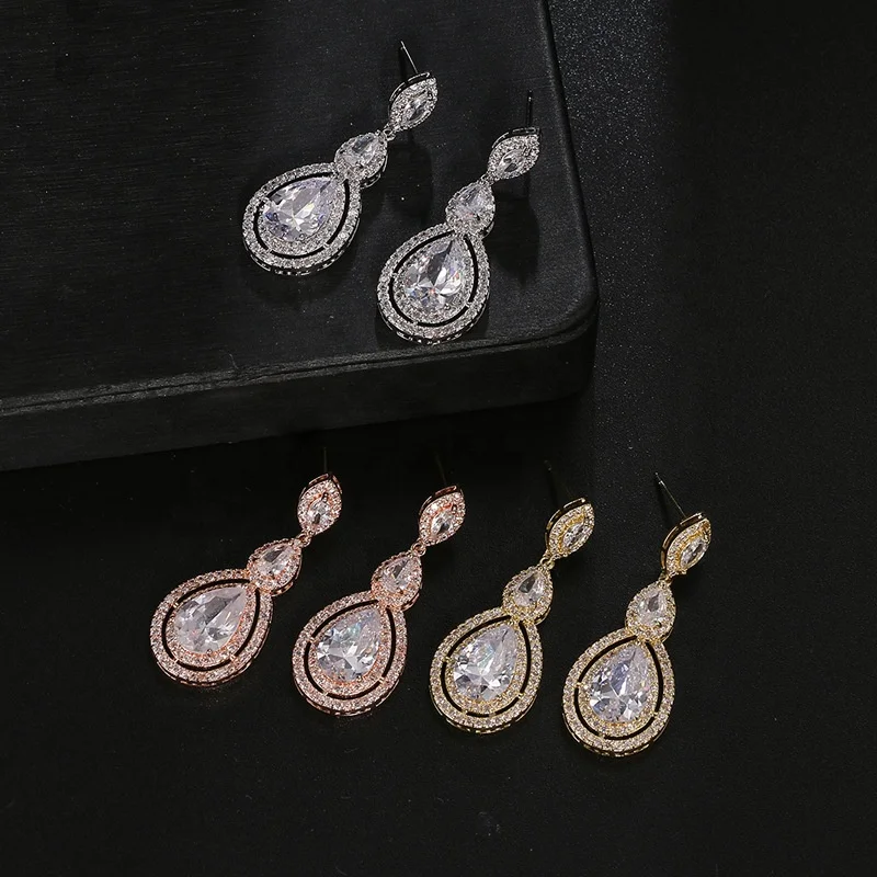 

Shiny Gourd Zircon Earrings For Women Geometric CZ Crystal Teardrop Waterdrop Dangle Drop Earring Bridal Wedding Jewelry Gift, Gold and silver