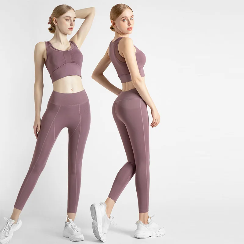 

L314d Wholesale Yoga Outfit for Women Seamless 2 Piece Workout Gym High Waist Leggings with Sport Bra Set