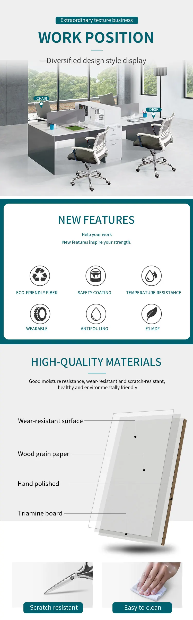 Commercial furniture modern design desk white table top 4 person seater office workstation for staff