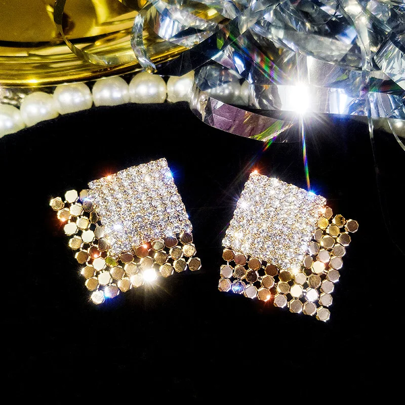 

Party Nightclub S925 Needle Geometric Sequin Rhinestone Statement Earrings Bling Crystal Square Shape Stud Earrings