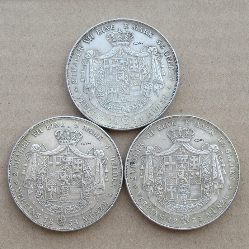

Reproduction German 2 Thaler Friedrich Wilhelm I Whole Set of 3 pcs (1851-1855) Silver Plated Souvenir Custom Metal Coins