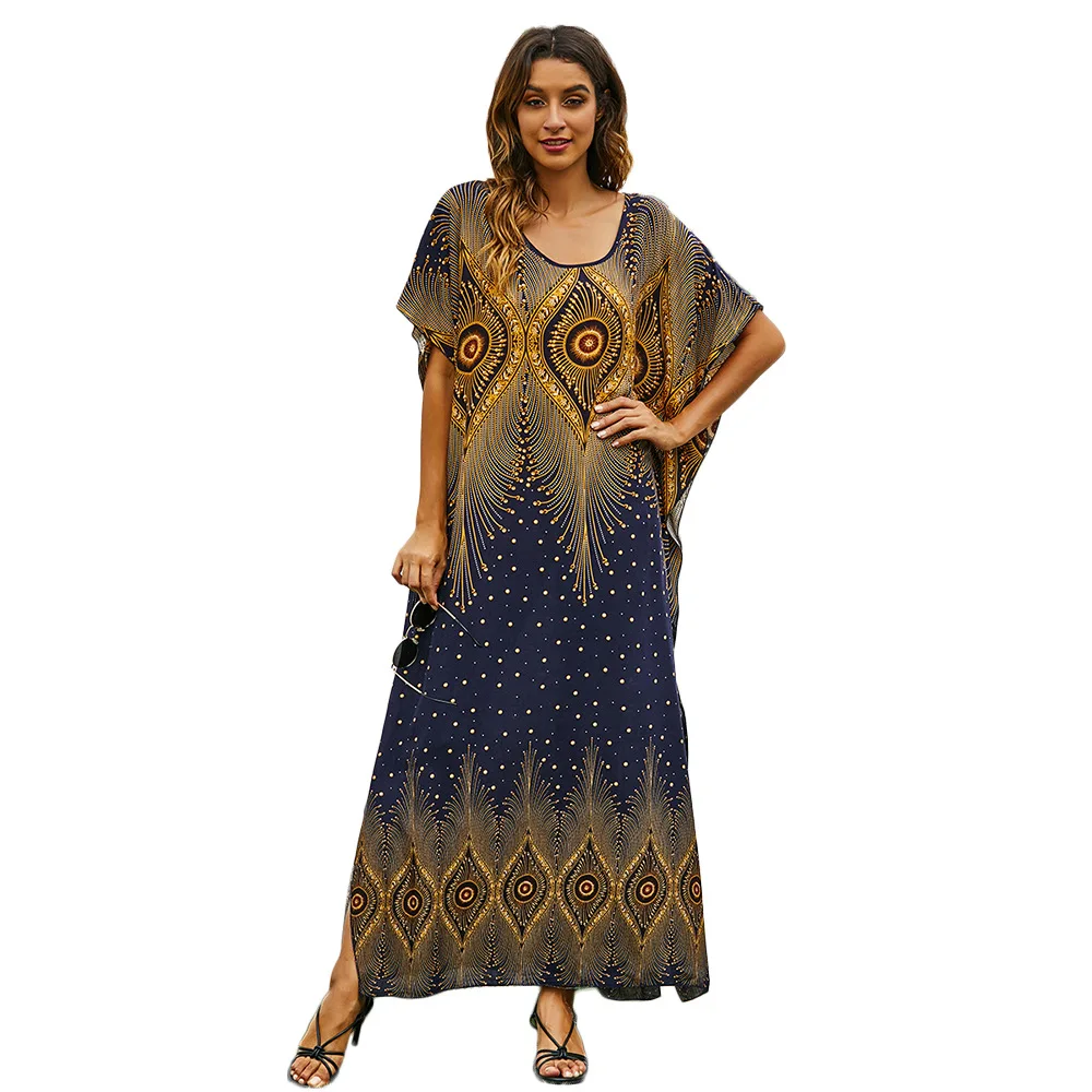 

Spring and summer cross-border new Middle East loose robe European and American vacation print long skirt Amazon plus size dress, Picture color