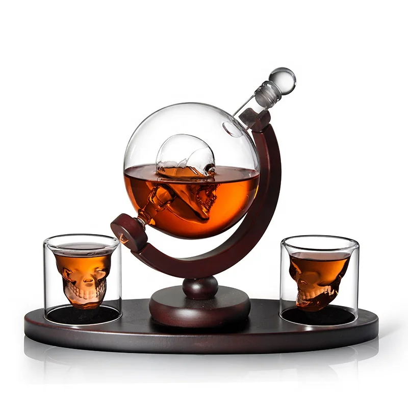 

Whiskey Decanter Skull Set with 2 Cocktail Skull Shaped Shot Cup Glasses