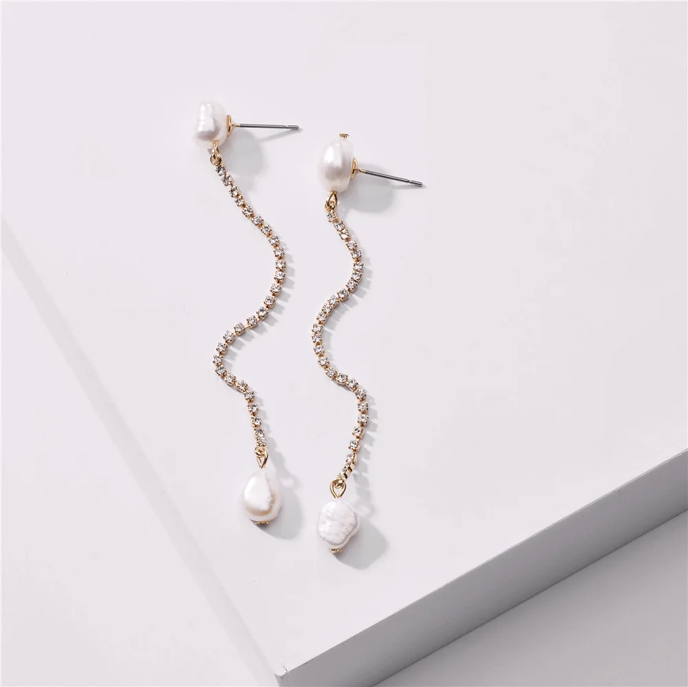 

Fashion Rhinestone Crystal String Drop Earring Natural Freshwater Baroque Pearl Pendant Earrings For Girls
