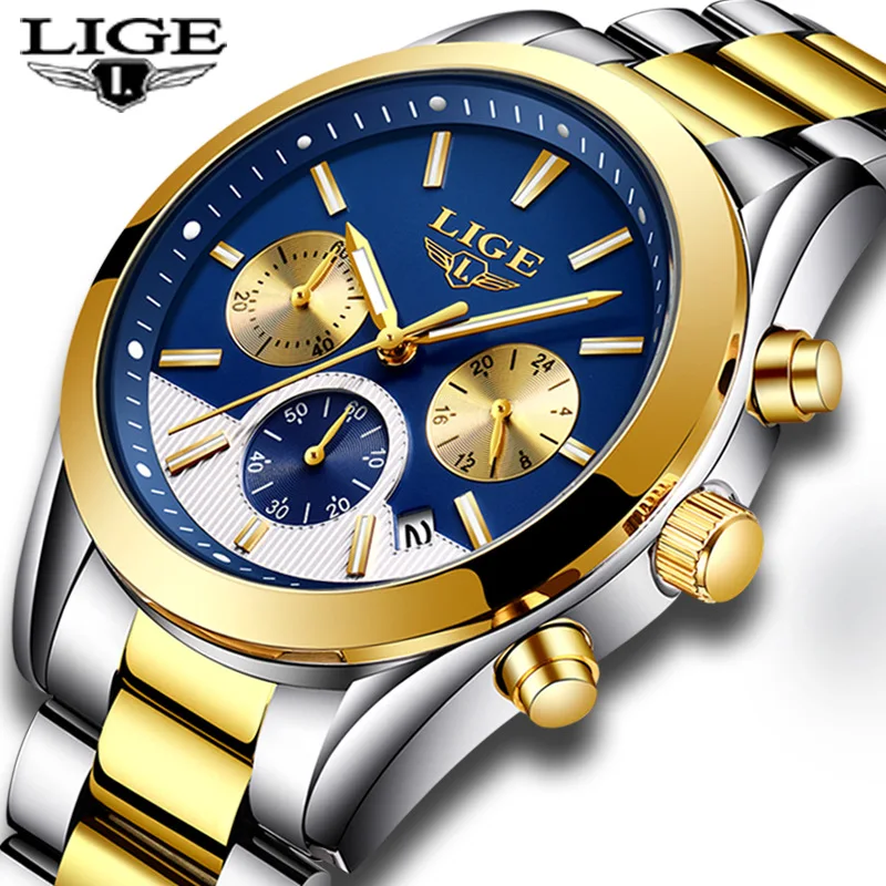

LIGE 9872 drop shipping two tone full stainless steel casual quartz watch for men