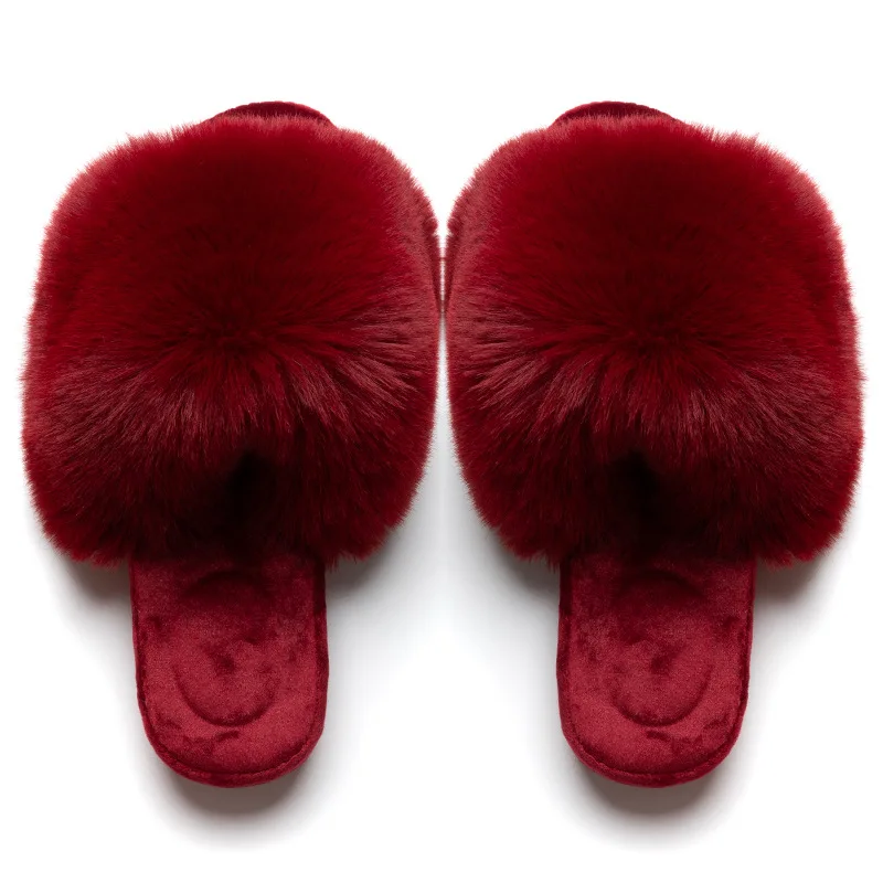 

Winter Women House Slippers Faux Fur Fashion Warm Shoes Woman Slip on Flats Female Slides Black Pink cozy home furry slippers, Customized color