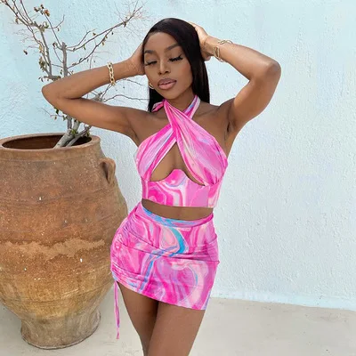 

F41406A Summer Women's Fashion Print Cross Neck Halter Back Draw Rope Short Wrap hip two piece skirt set women sets two piece, As picture