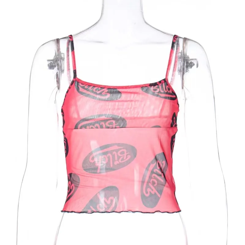 

LJ4207 Sexy Halter Short Tank top Print pattern Women crop tops lady Cami top dresses women T-shirt see through, 4 colors