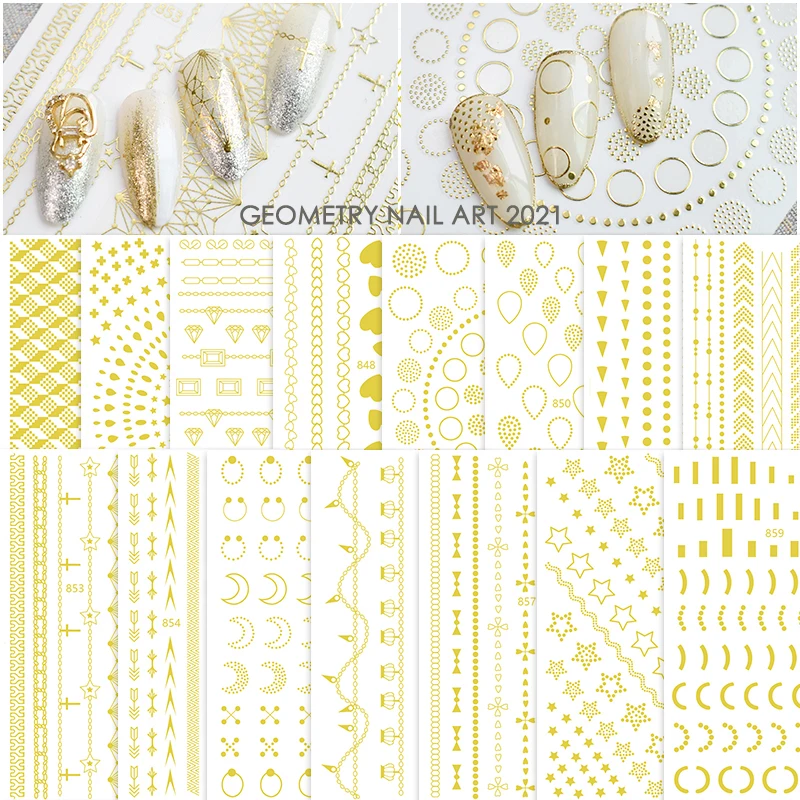 

JOYFUL 3D laser bronzing nail art decals, glitter stickers DIY geometric glitter nail art design decorative stickers 845-859, Golden