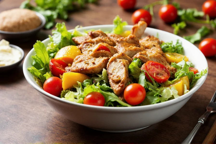 Colorful salad bowl with mixed greens, roasted vegetables, and grilled chicken topped with honey ginger dressing