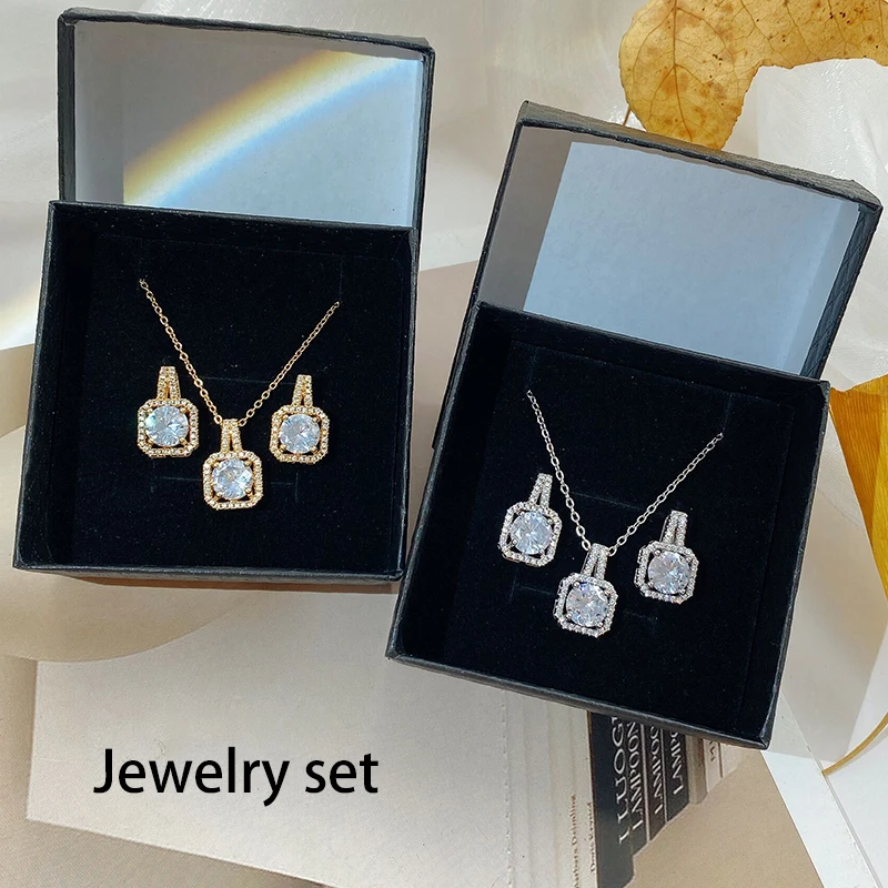 Luxury Diamond Crystal Earrings Necklace Set Shiny Zircon Engagement Wedding Jewelry Set for Women