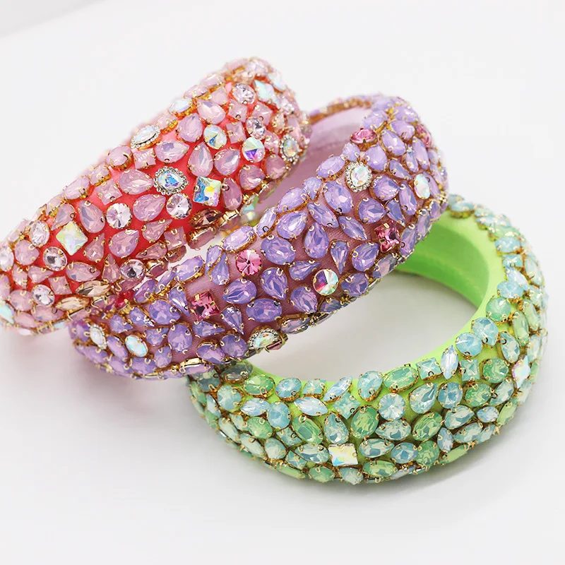 

New Designer Baroque Padded Sponge Full Crystal Girl Luxury Hair Jewelry Bling Rhinestone Headband For Women Hairband, 9 colors