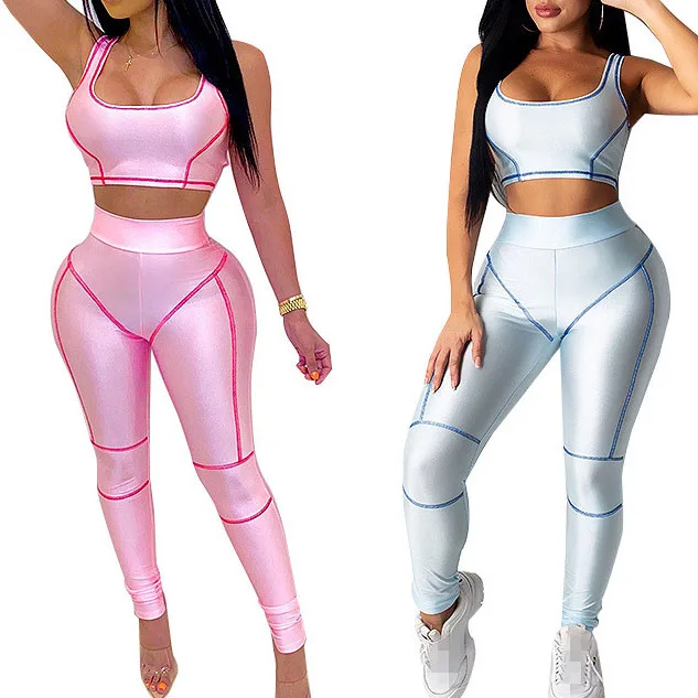 

FS1169D summer crop tops and Pants 2 Pieces Sets Women Outfit Sport Clothing