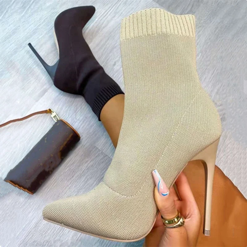 

Spring Autumn Fashion Breathable Knitting Ankle Boots Stiletto Thin Heel Short Boots Slip-on Simple Sock Boots Big Size 43, Black,beige
