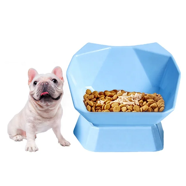 

Fashion Geometric shape French Bulldog feeding bowl safe melamine 2 in 1 tilt elevated pet bowls for cats and dogs, Blue, white