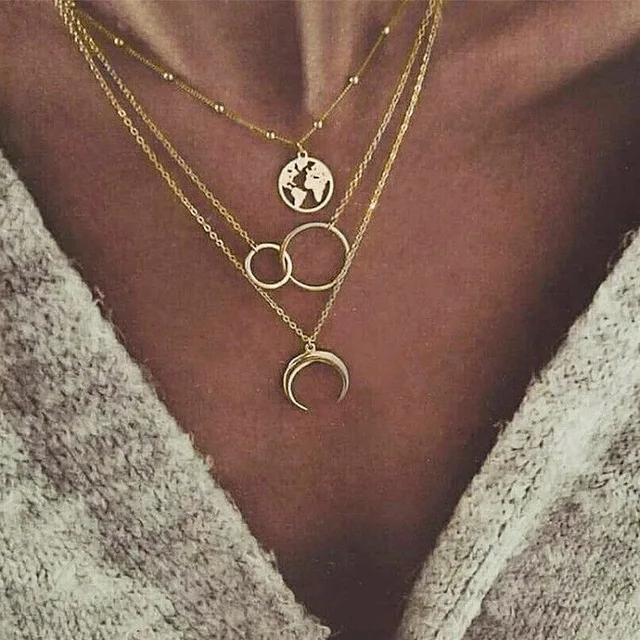 

Bohemian Vintage Punk Metal Jewelry Moon Map Choker Necklace For Women Girls Multilayer Hollow Circle Geometric Pendant Necklace, Gold,silver color