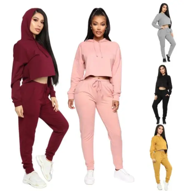 

Winter Two Piece Set Hoodie Women Long Sleeve Crop Top Two Piece Set, As picture