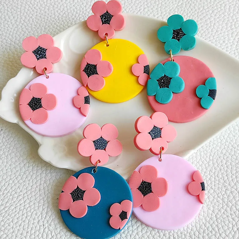 

Fashion Vinyl Disc Jewelry Colorful Cute Design Geometric Handmade Flower Round Polymer Clay Stud Earrings, Picture