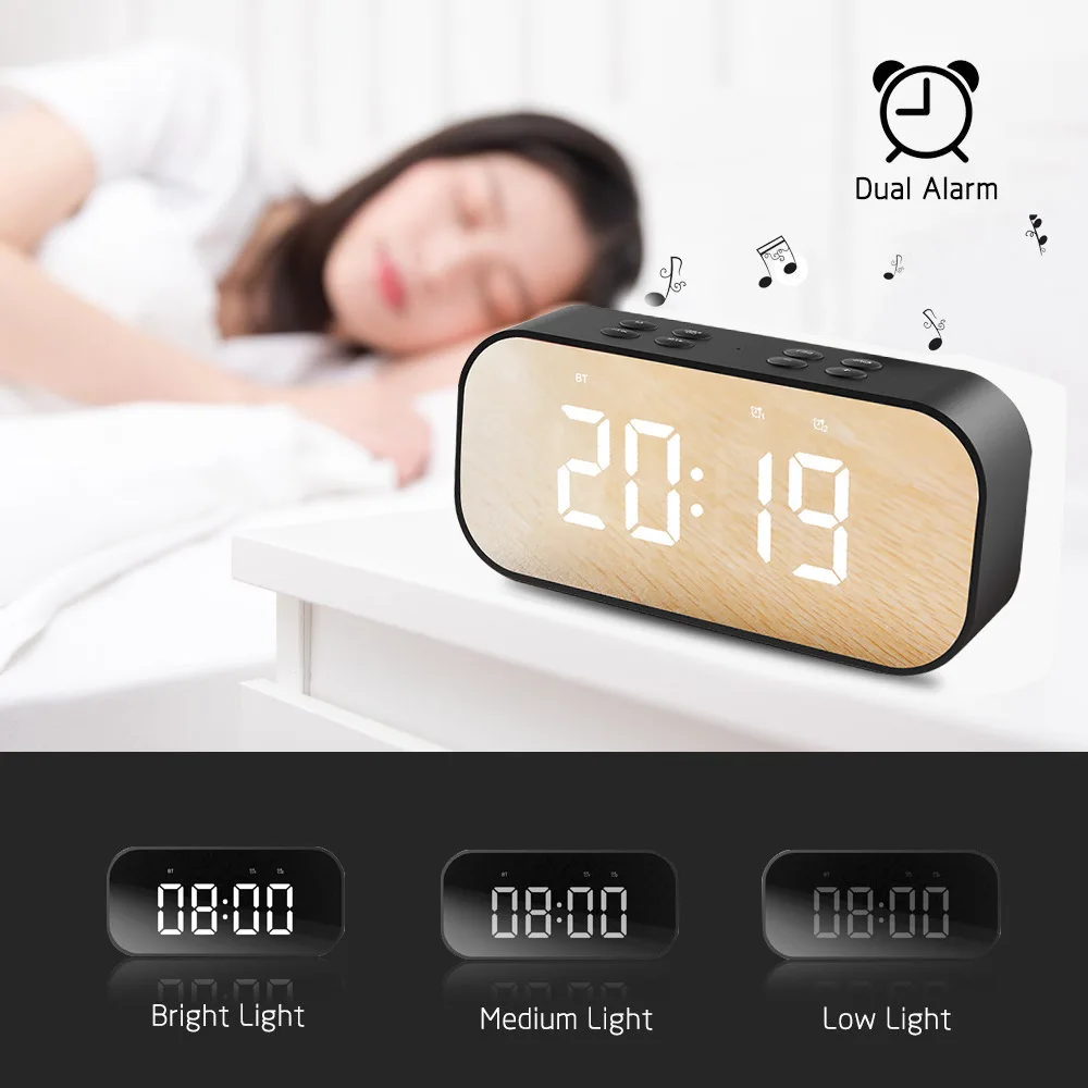 Office Desk Clock Mirror With Bt Speaker Fm Radio Tf Card Music Alarm