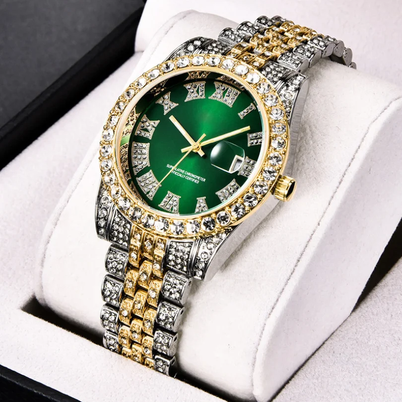 

2021 New Hip Hop Jewelry Bling Iced Out Rhinestones Quartz Watches Stainless Steel Roman Wrist Watches Diamond Bezel Elite Watch