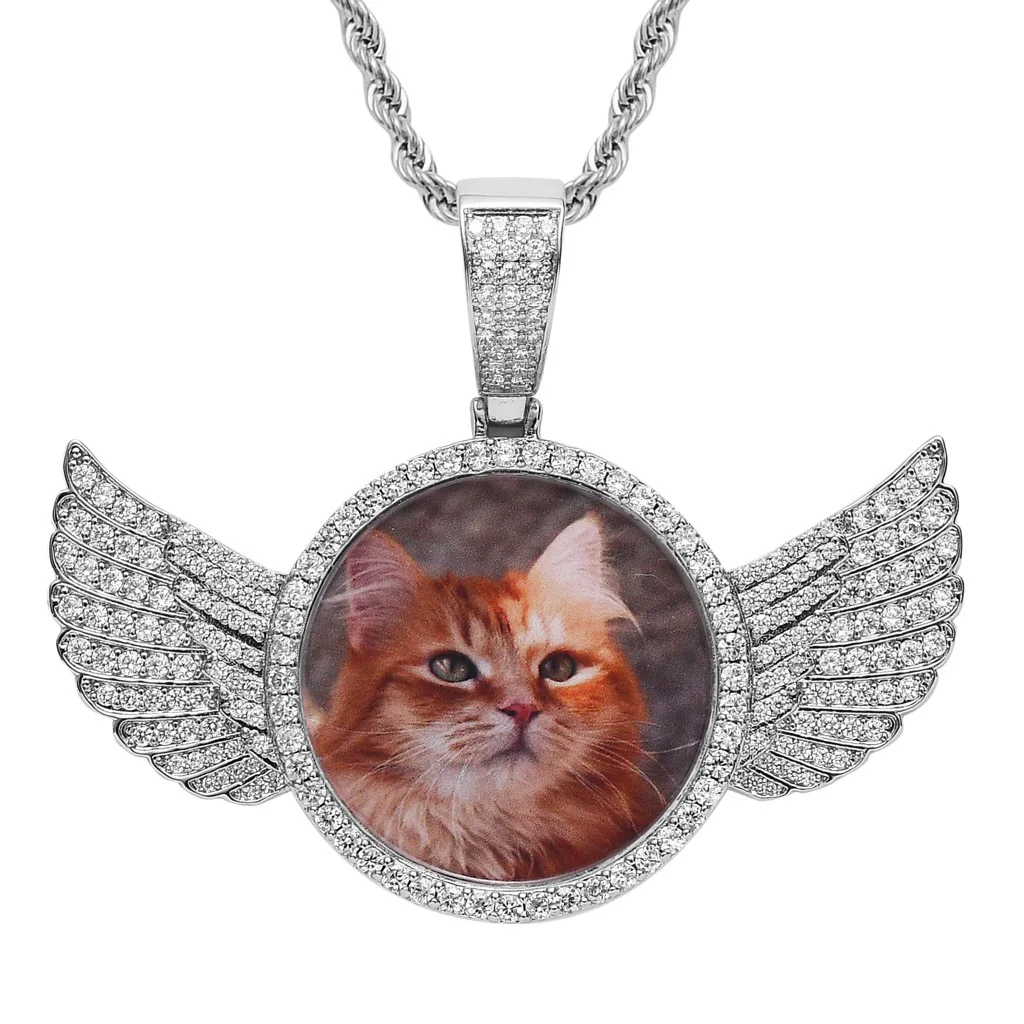 

Hip Hop CZ Wings Memory Photo Pendant Picture Necklace Custom Jewelries Collana con ciondolo con foto a memoria di ali