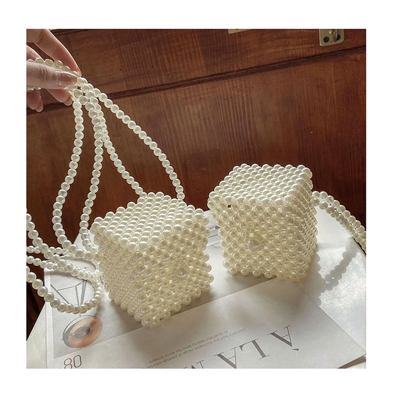 

Imitation Pearl Handmade Beaded Crossbody Bags For Women Designer Square Box Handbags and Purses Chic Woven Party Phone Bags