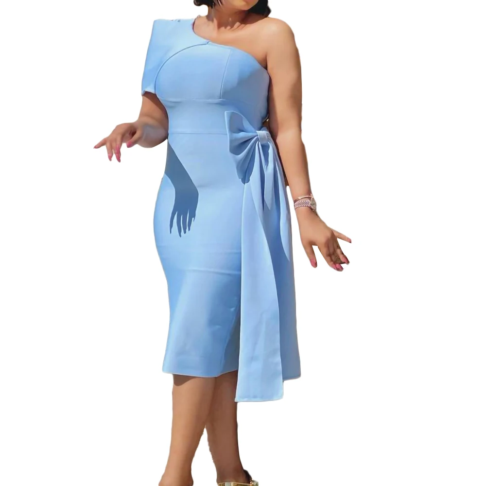 

D193 European And American Off Shoulder Bow Women Solid Color Fashion Dress Summer Plus Size Casual Dresses
