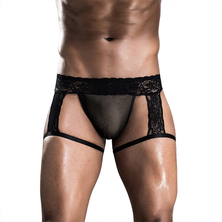 

Men's Sexy Lace G-String Sissy Bikini Thong Briefs Panties Underwear Lingerie with Garter Lace Men Underwear, Black