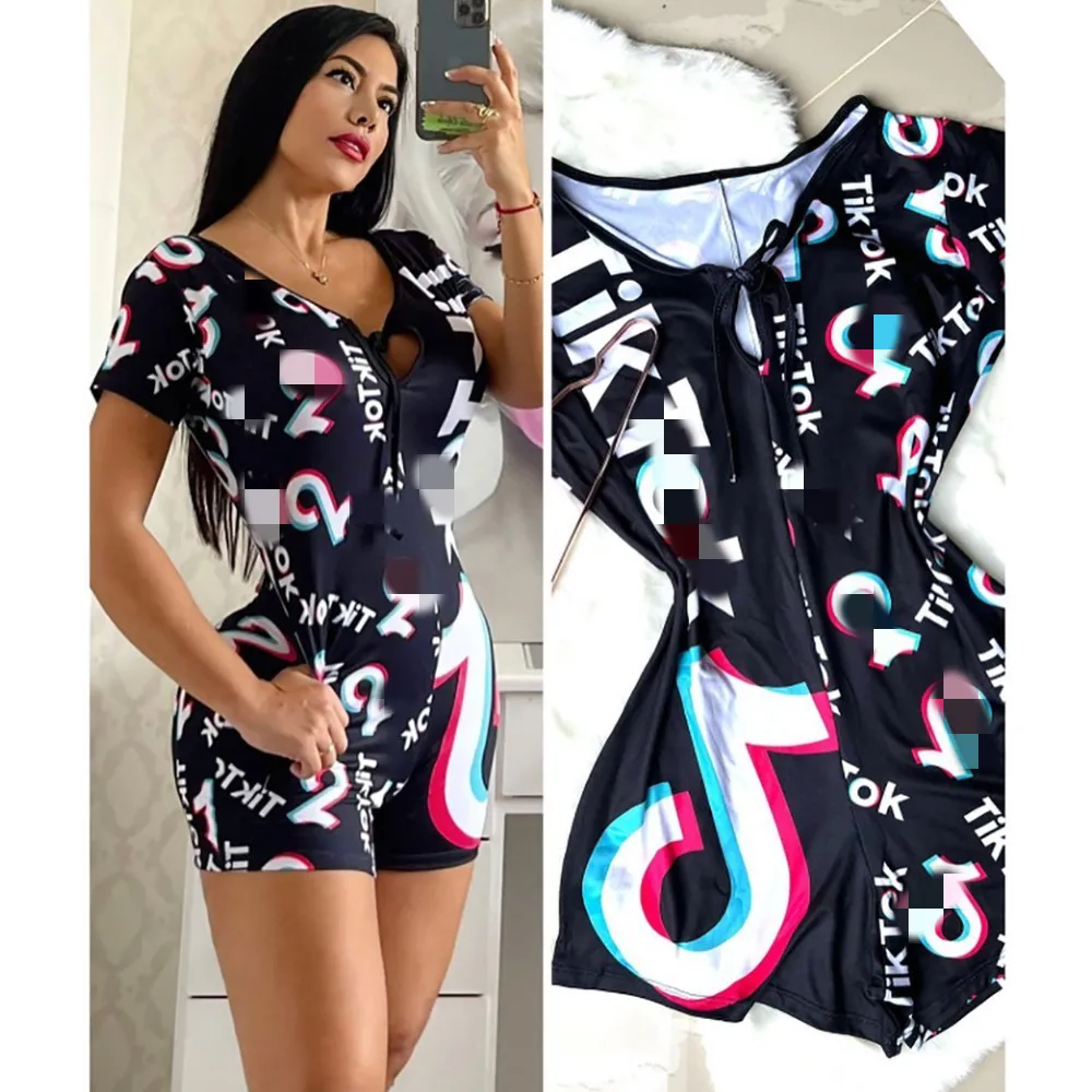 

Tiktok 2022 Summer Sleepwear Women Sexy Onesie V Neck Short Set Cute Cartoon Printed Night Suit Sleepwear