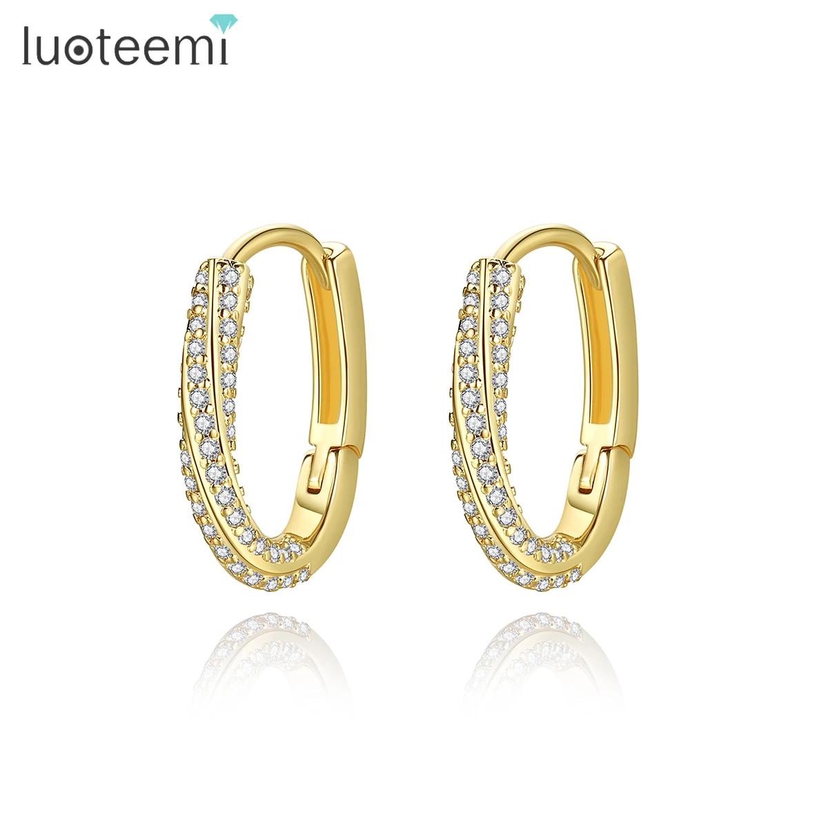 LUOTEEMI Fine Jewelry Ladies Daily Wear Gold Plated Full Cubic Zirconia Open Half Twisted Hoop Earrings