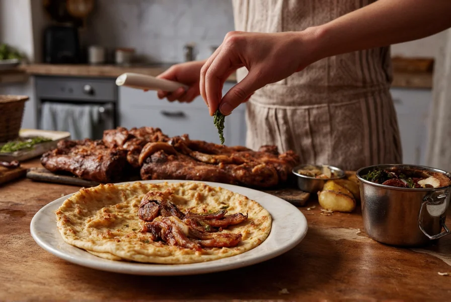 Traditional Turkish kitchen scene showing Urfa pepper being used in cooking with flatbread and grilled meats