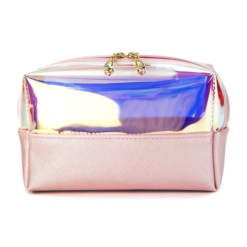 

makeup transparent clear tpu clutch cosmetic bag with logo zipper, Pink